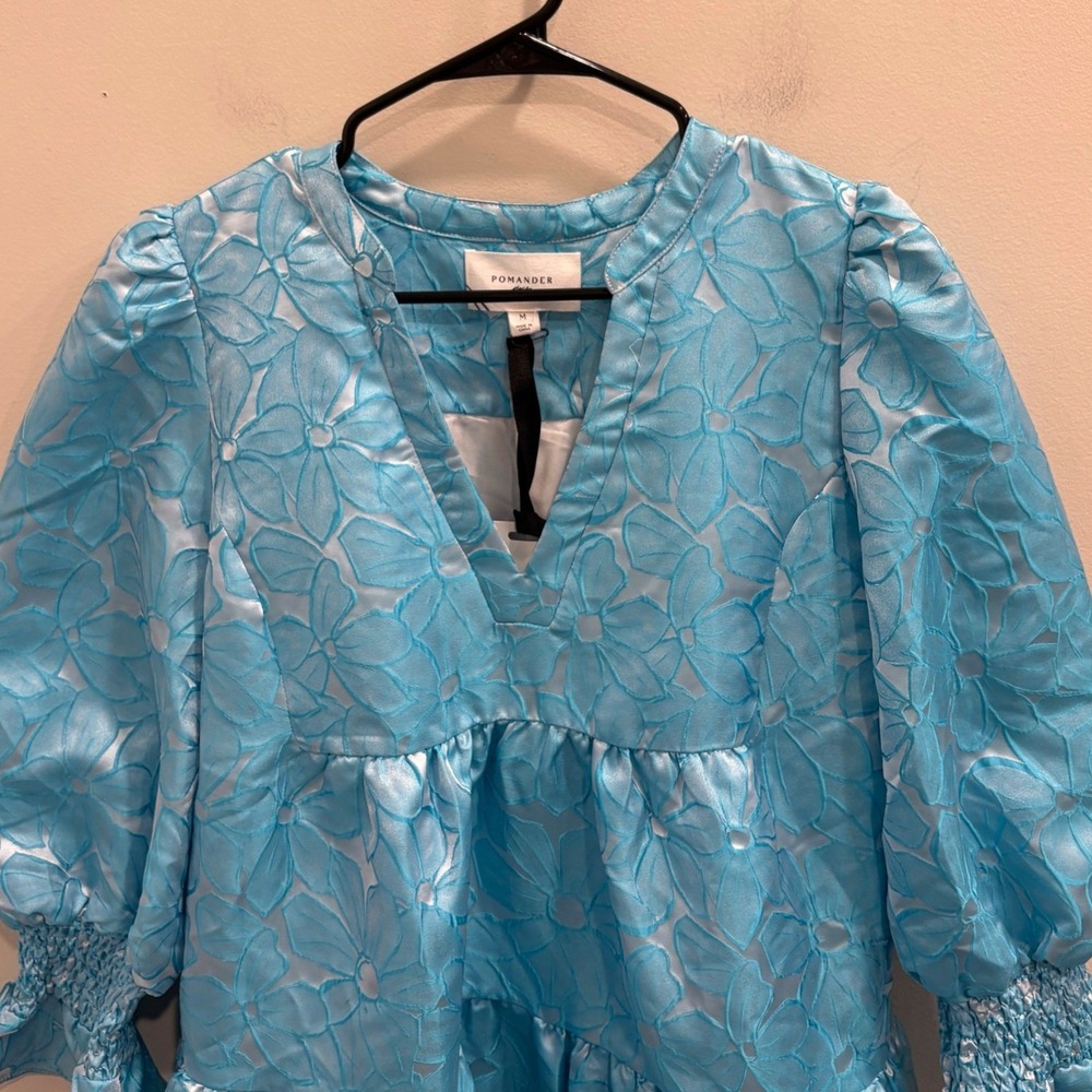 Pomander Place Blue Floral Jacquard Kenzo Tiered Mini Babydoll Dress Medium NEW - Picture 5 of 10